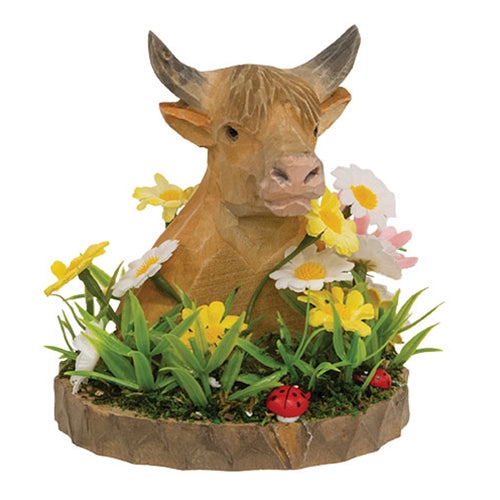 Wooden Floral Highland Cow Bust on Base