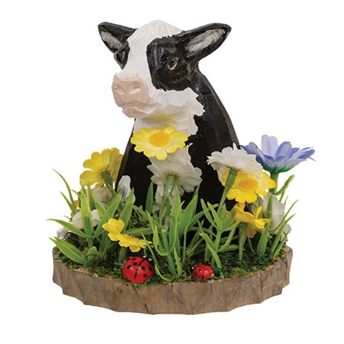 Wooden Floral Black and White Cow Bust on Base