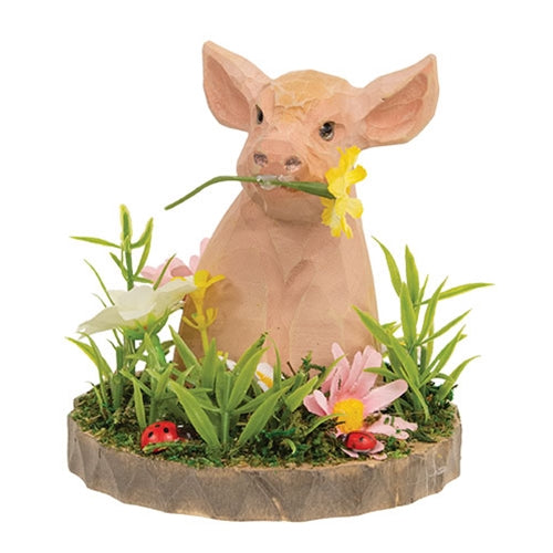 Wooden Floral Pig Bust on Base