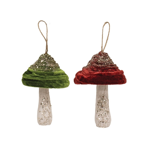 Velvet Glittered Mushroom Ornament 5.5" 2 Asstd.