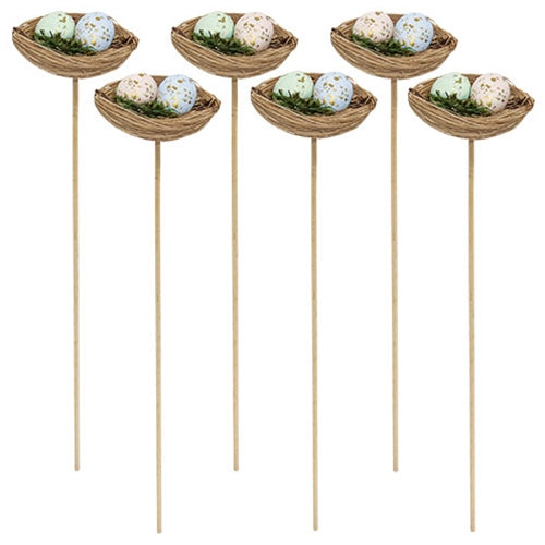 6/Set - Speckled Egg Duo in Nest Picks - 10"H