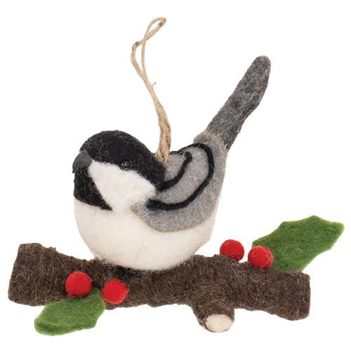 Felted Chickadee on Branch Ornament