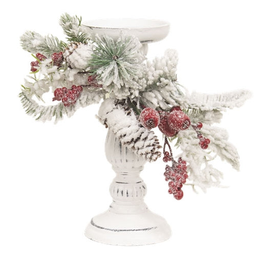 Snow Sprinkled Pine & Berry Pillar Holder 10"