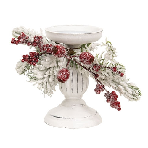 Snow Sprinkled Pine & Berry Pillar Holder 7"