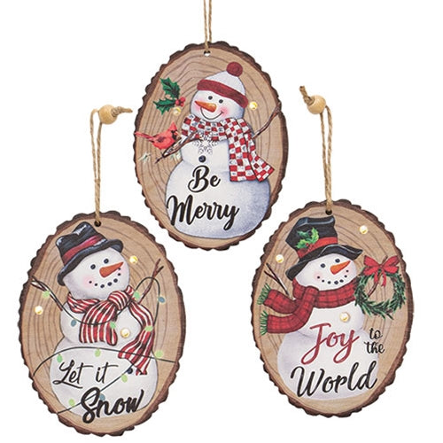 Snowman Wood Slice Ornament w/LED Lights 3 Asstd.