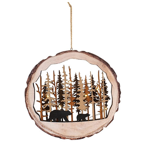 Wood Slice Bear Scene Hanger w/ LED Lights