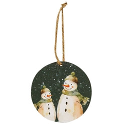 Winter Forest Watercolor Snowman Ornament - 3-1/2 In Dia - 2 Asstd
