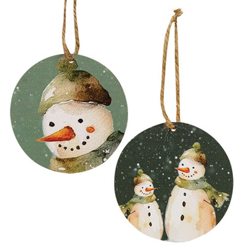 Winter Forest Watercolor Snowman Ornament - 3-1/2 In Dia - 2 Asstd