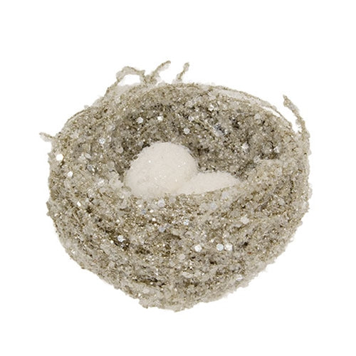 Sugar Frosted Bird Nest With Eggs - 4.5"