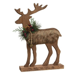 Wooden Reindeer on Stand w/ Fur 13.5"