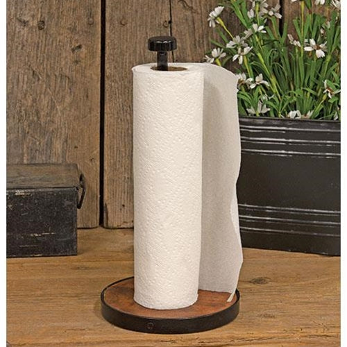 Rustic Brown Wood and Black Metal Wire Paper Towel Roll Holder Stand with Top Ring Handle