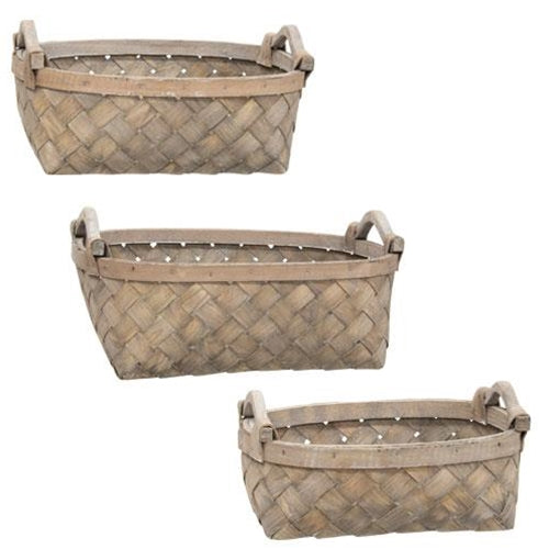 3/Set Graywashed Oval Baskets w/Wooden Handles