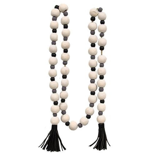 Distressed Black White Gray Bead Garland w/Tassels – Primitive - Technical View