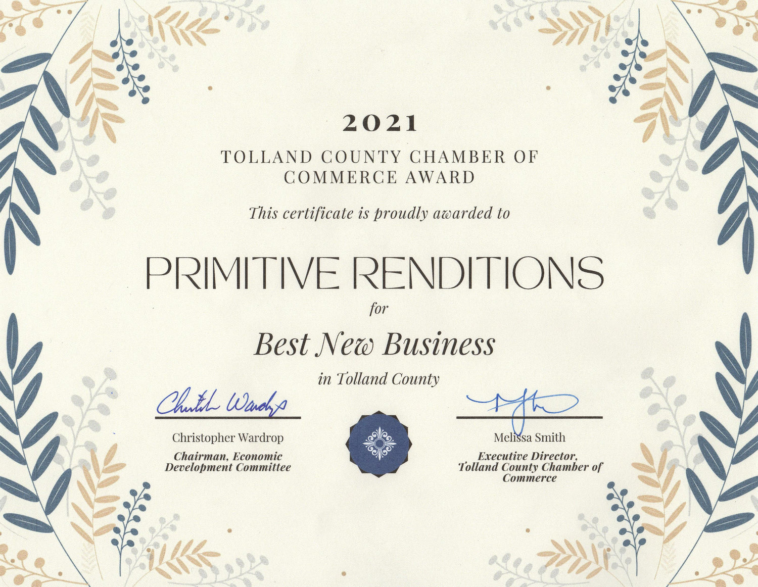 Thank You for voting Primitive Renditions as the Best New Business in Tolland County!!