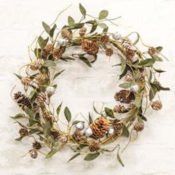 Silver Frosted Pine Cone & Bell Wreath
