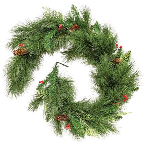 Long Needle Pine & Cedar Garland w/Berries - 5 Ft