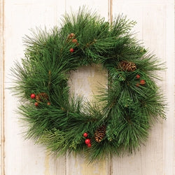 Long Needle Pine & Cedar Wreath w/Berries - 18"