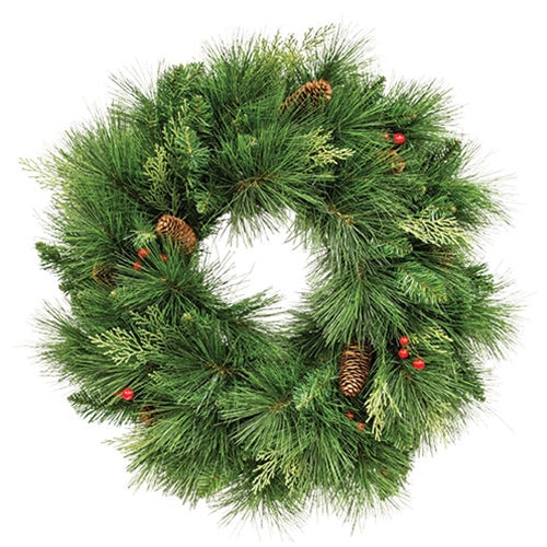 Long Needle Pine & Cedar Wreath w/Berries - 18"