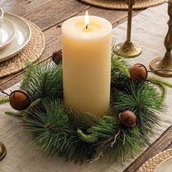 Heritage Mixed Pine & Rusty Bell Candle Ring - 4.5"