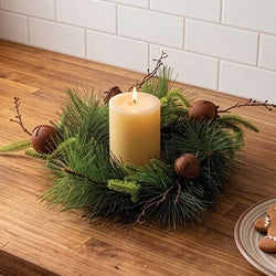 Heritage Mixed Pine & Rusty Bell Candle Ring - 4.5"