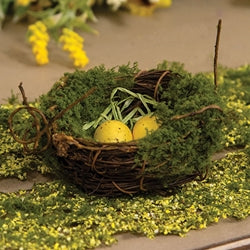 Mossy Twig Bird Nest w/Speckled Yellow Eggs - 3.5"