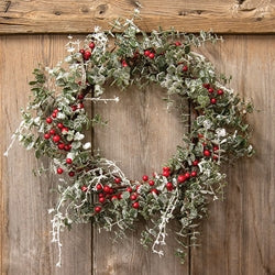 *Frosted Eucalyptus Wreath with Red Berries 16"