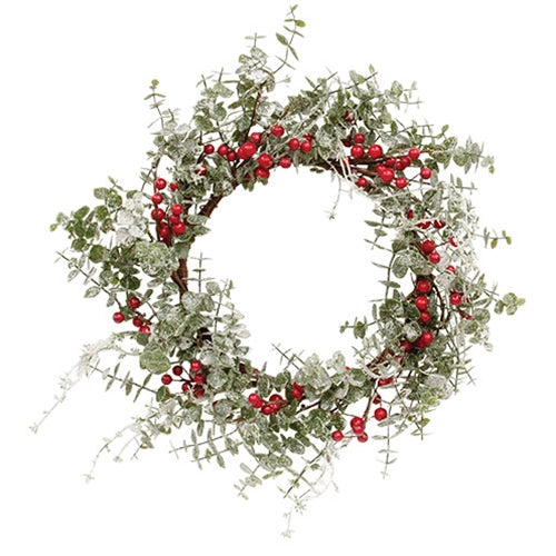 *Frosted Eucalyptus Wreath with Red Berries 16"