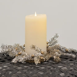 Platinum Bristle Pine & Golden Ball Candle Ring - 3.5"
