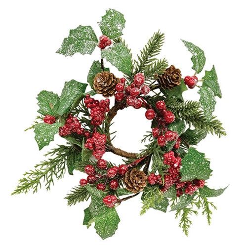 Shimmering Holly Pine & Berries Candle Ring - 2"