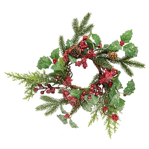 Shimmering Holly Pine & Berries Candle Ring - 3.5"