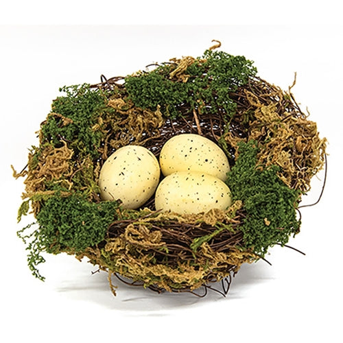 Lush Mossy Birdnest w/White Speckled Eggs - 5" Dia.