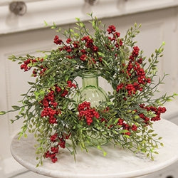 Teeny Leaves and Red Berries Candle Ring - 4"