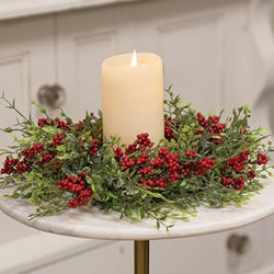Teeny Leaves and Red Berries Candle Ring - 6"