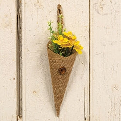 Yellow Blossoms & Baby's Breath In Burlap Cone Hanger