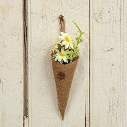 White Daisies & Baby's Breath In Burlap Cone Hanger