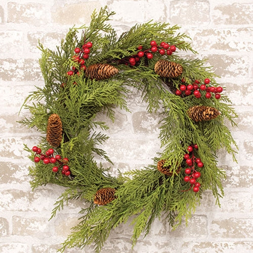 Real Touch Mixed Cedar & Red Berry Wreath - 22"