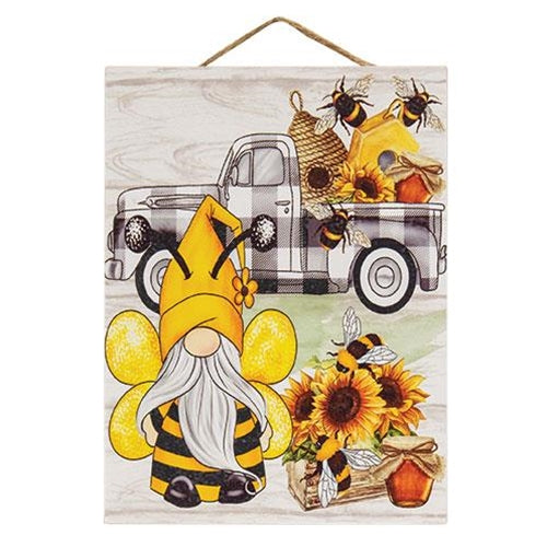 Bumblebee Gnome w/Buffalo Check Truck Hanging Sign