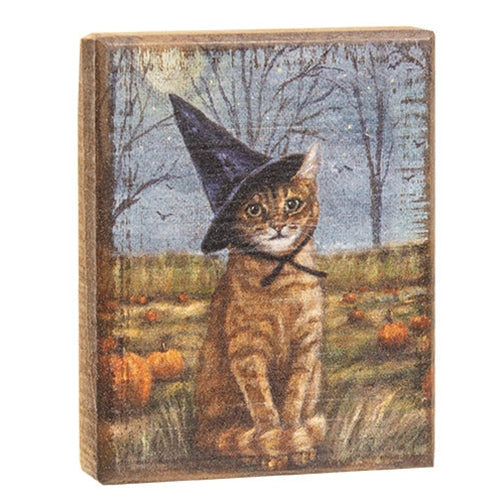 Distressed Wooden Witch Cat Block
