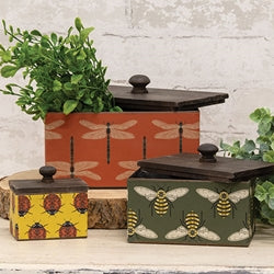 3/Set - Garden Bugs Metal Boxes w/Wood Lids