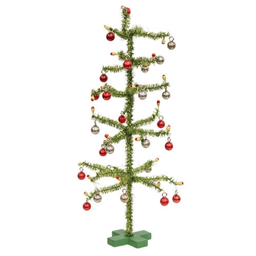 Retro Green Tinsel Tree w/Ornaments & Candles