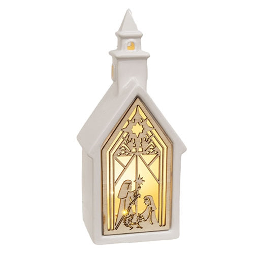 Ceramic and Wood Lighted Church Nativity