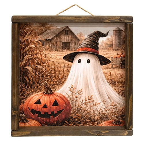 Witchy Harvest Ghost & Jack on the Farm Framed Print - 12" Sq.
