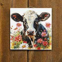 Black & White Cow In Flowers Print - 12 " Sq.