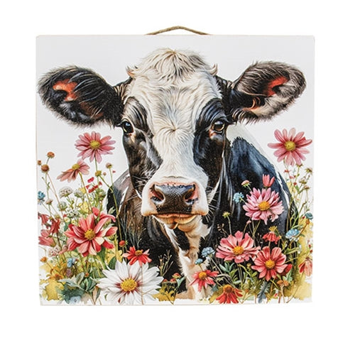 Black & White Cow In Flowers Print - 12 " Sq.