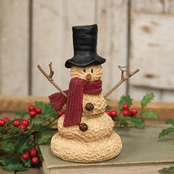 Resin Melting Top Hat Snowman With Burgundy Scarf - 7"H