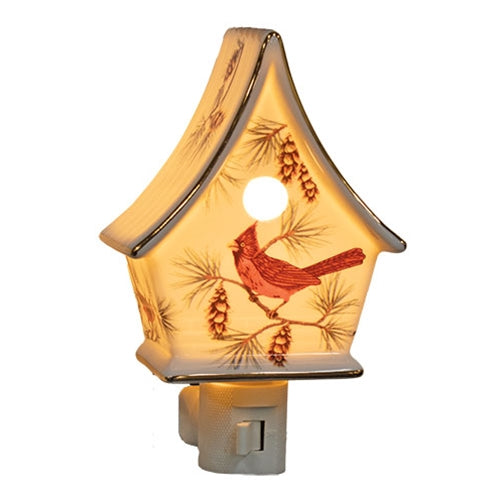 Porcelain Woodland Cardinal Birdhouse Nightlight