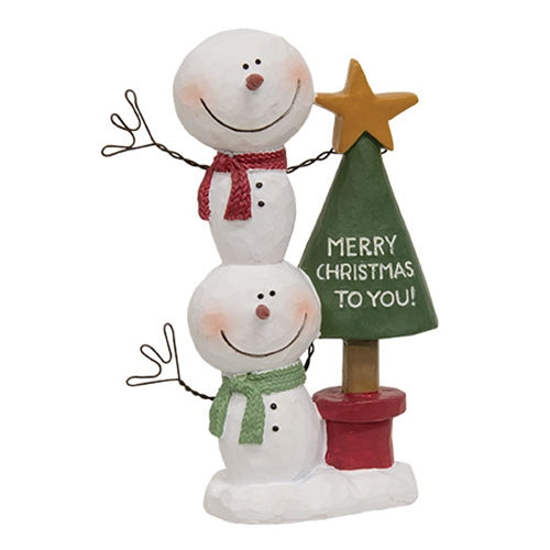 Resin Stacked Snowman with Merry Christmas Tree - 3.75"H