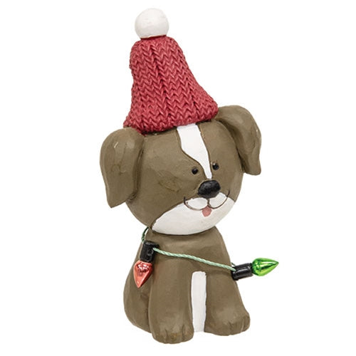 Resin Puppy with Red Hat and Christmas Lights - 3.5"H