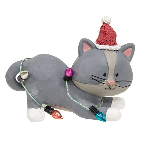 Resin Cat with Red Hat and Christmas Lights - 2.25"H