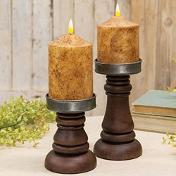 2/Set - Walnut Stained Wood & Metal Pillar Holders